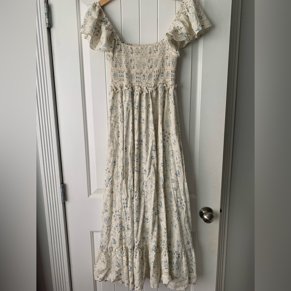 Rylee + Cru Cream and Blue Smocked Dress